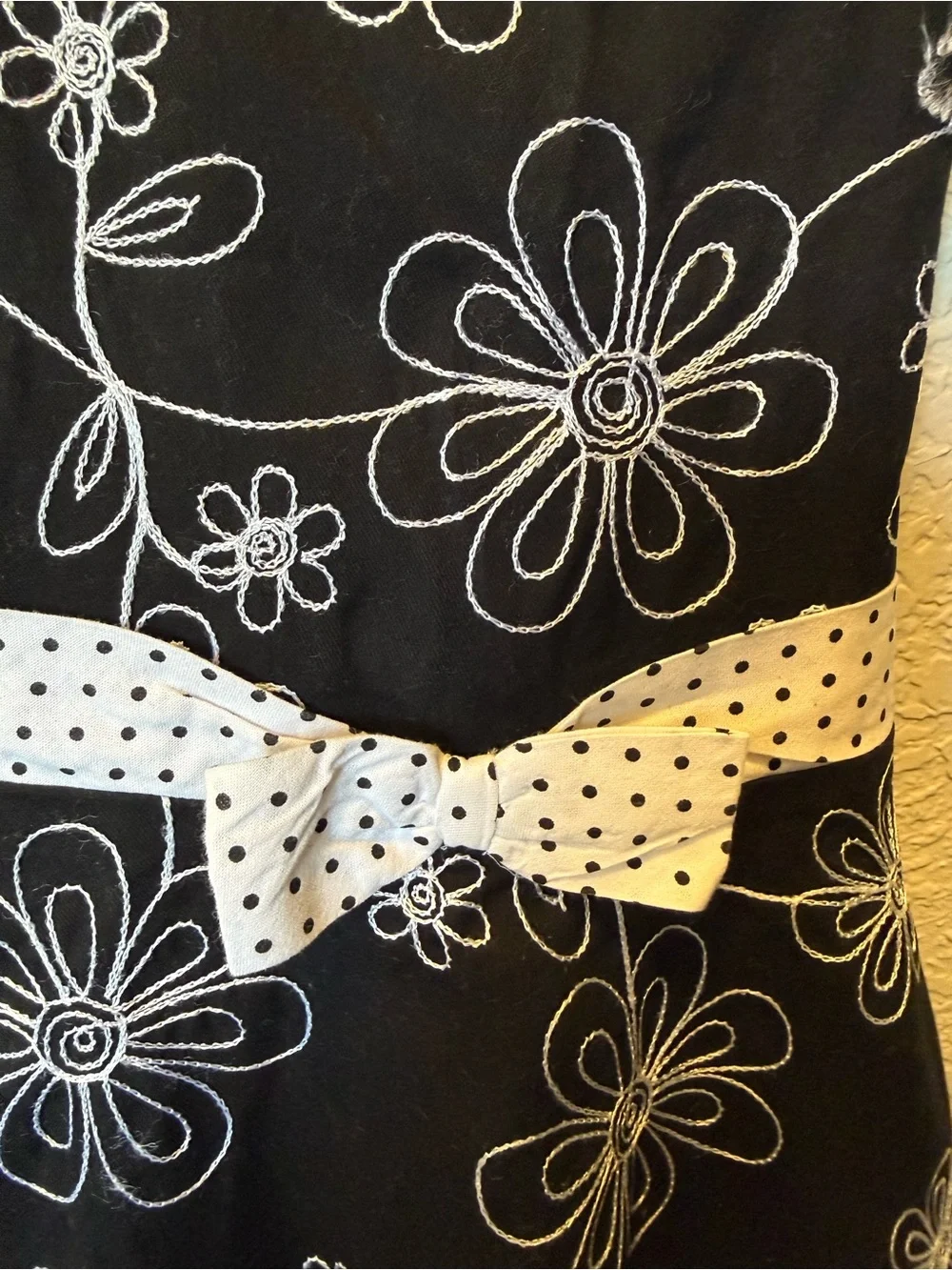 Rare Editions Black Dress with White Floral Embroidery and Polka Dot Belt